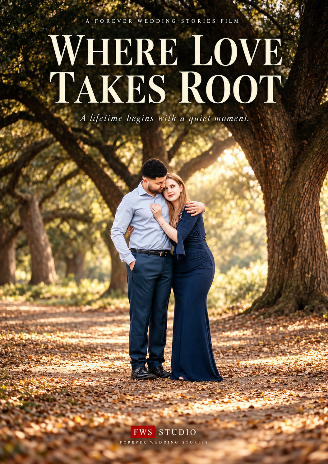 Where Love Takes Root film poster - couple embracing beneath sprawling oak trees at golden hour, title lettering in cream