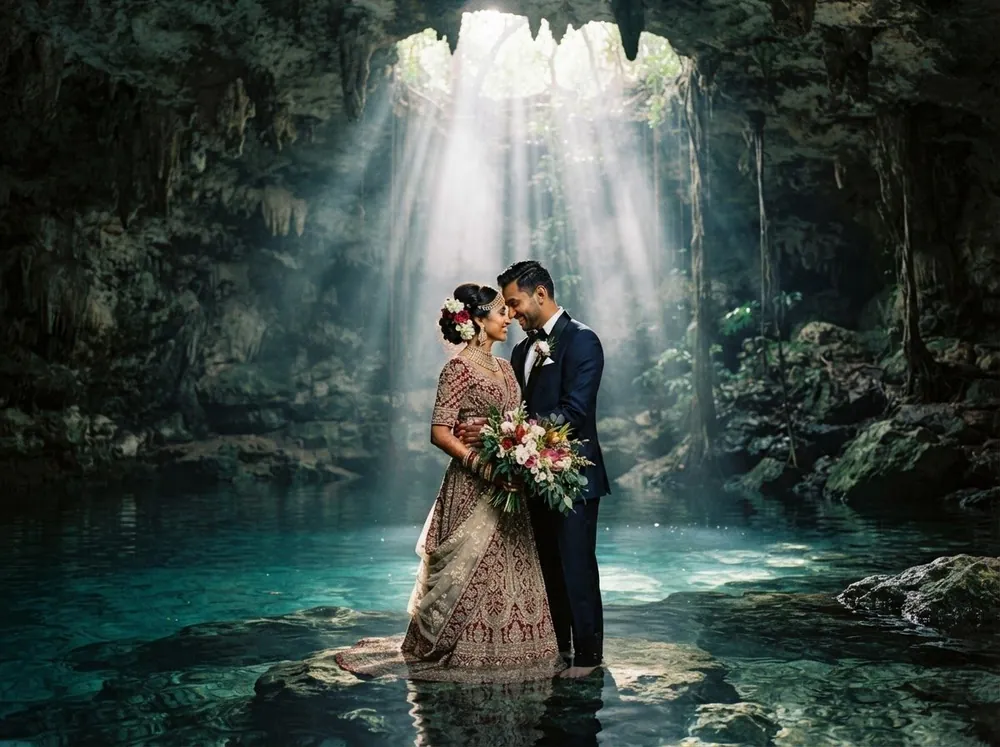 Bride and groom standing forehead to forehead on rocks inside a sunlit limestone cave