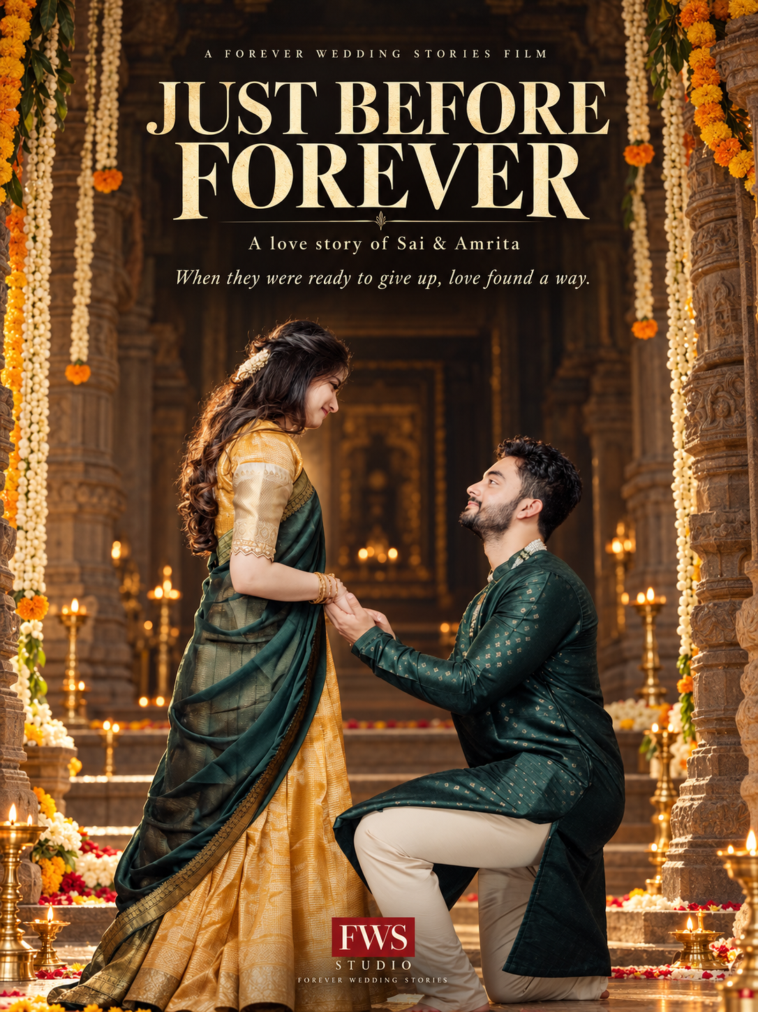 Just Before Forever film poster - couple holding hands at a temple doorway lined with oil lamps and jasmine garlands, title lettering in gold