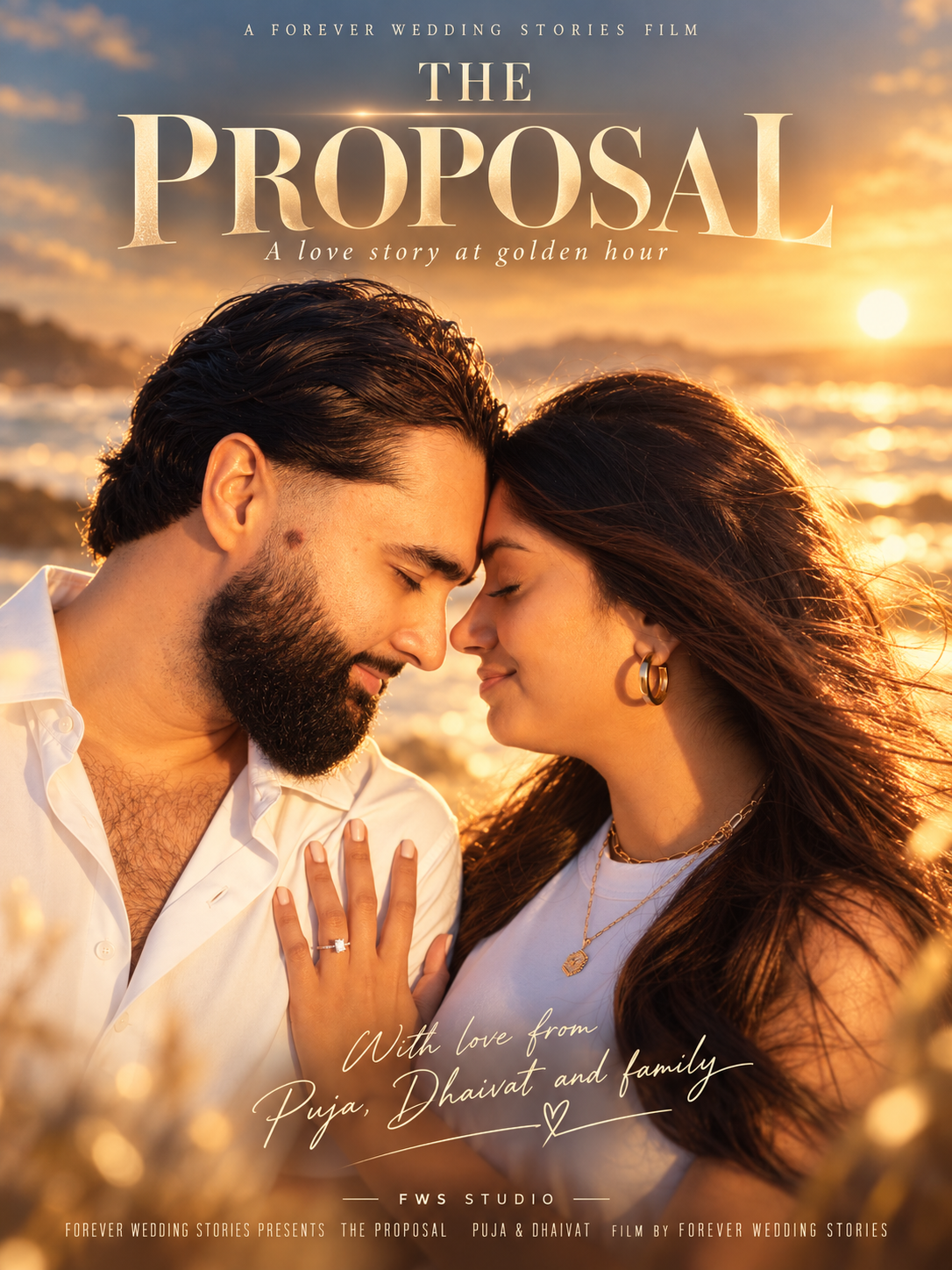The Proposal film poster - Puja and Dhaivat forehead to forehead at golden hour, title lettering in gold
