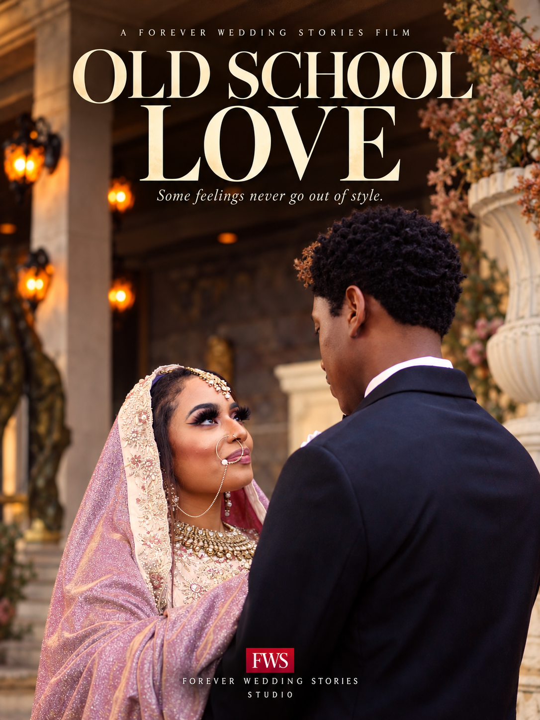 Old School Love film poster - bride in a shimmering rose-pink dupatta and groom in a black tuxedo beneath warm sconce light, title lettering in champagne gold