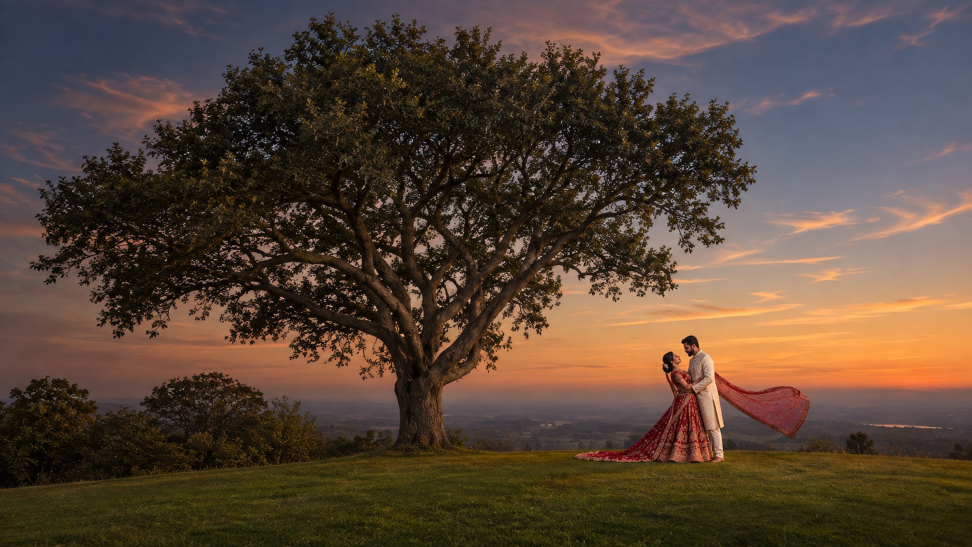 Bride and groom in traditional Indian wedding attire embracing on a hilltop beside a solitary tree at sunset