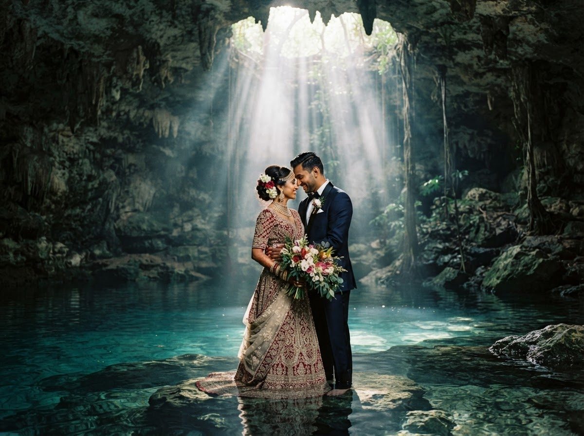 Bride and groom embracing in a turquoise cenote beneath sunbeams pouring through a cave opening
